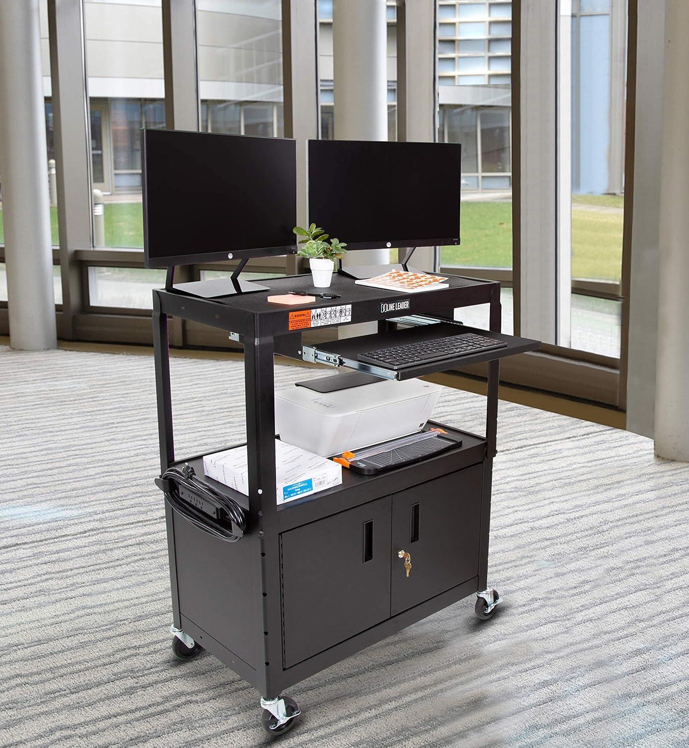 Black Adjustable Height AV Cart with Locking Cabinet and Keyboard Tray