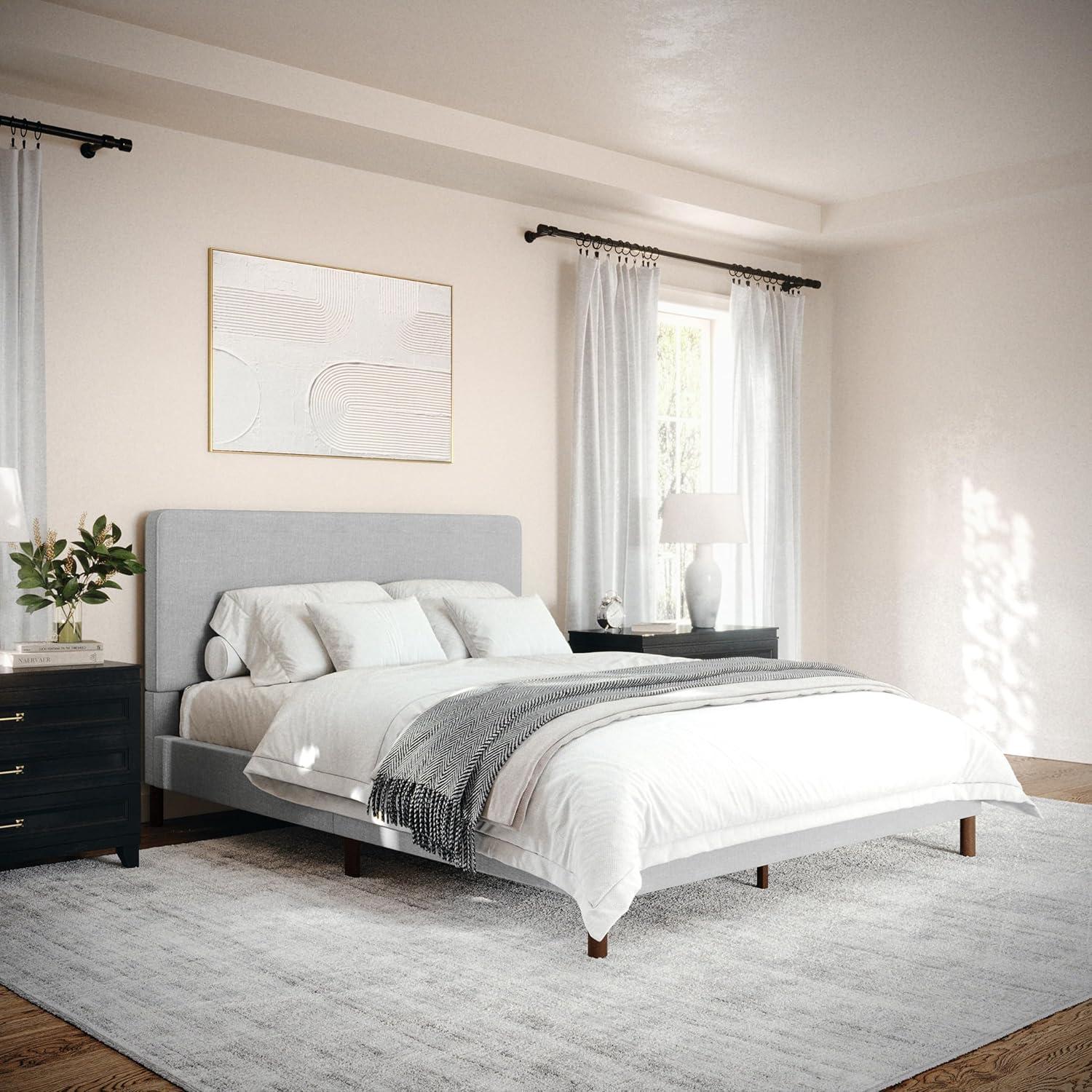 Martha Stewart Britta Upholstered Platform Bed With Piped Detail Headboard