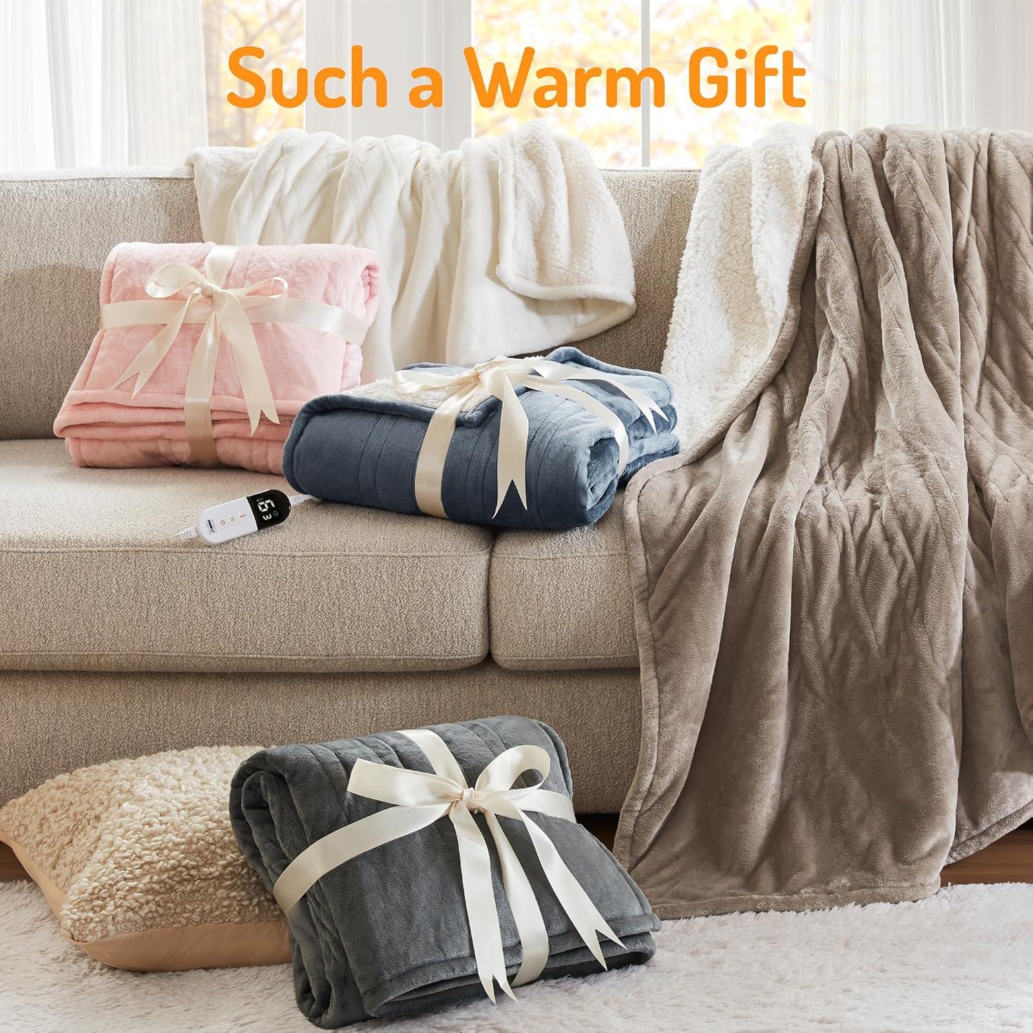 Degrees of Comfor Heated Throw Blanket - Soft Flannel Electric Throws with 6 Heat Settings and 4-Hour Auto Shut-Off - Warm Gifts for Grandma - Blue, 50x60'' - ETL Certified