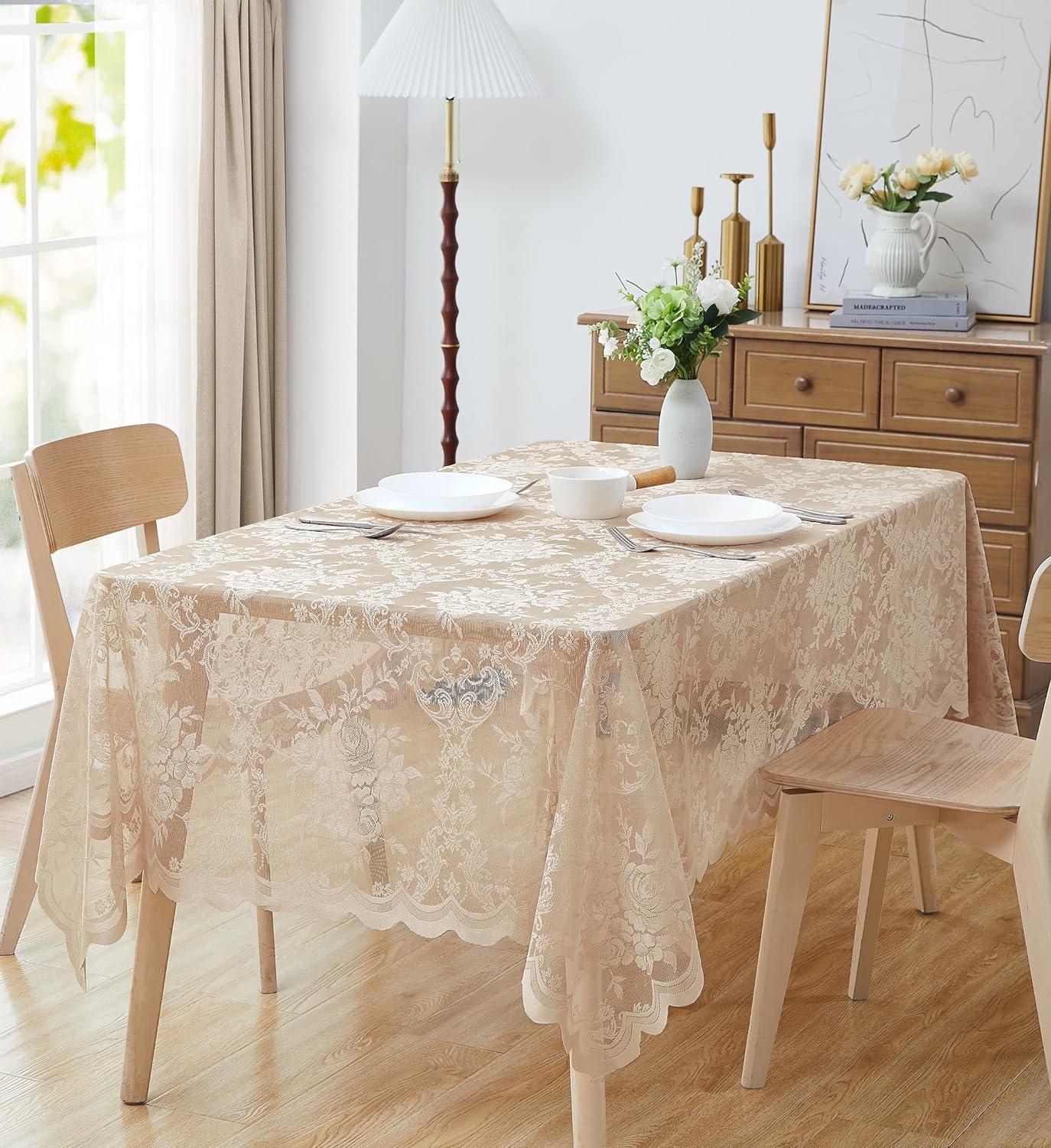 Warm Home Designs 60 x 84 Lace Tablecloth. Golden Linen Rectangle Tablecloth for 6-8 Guests.