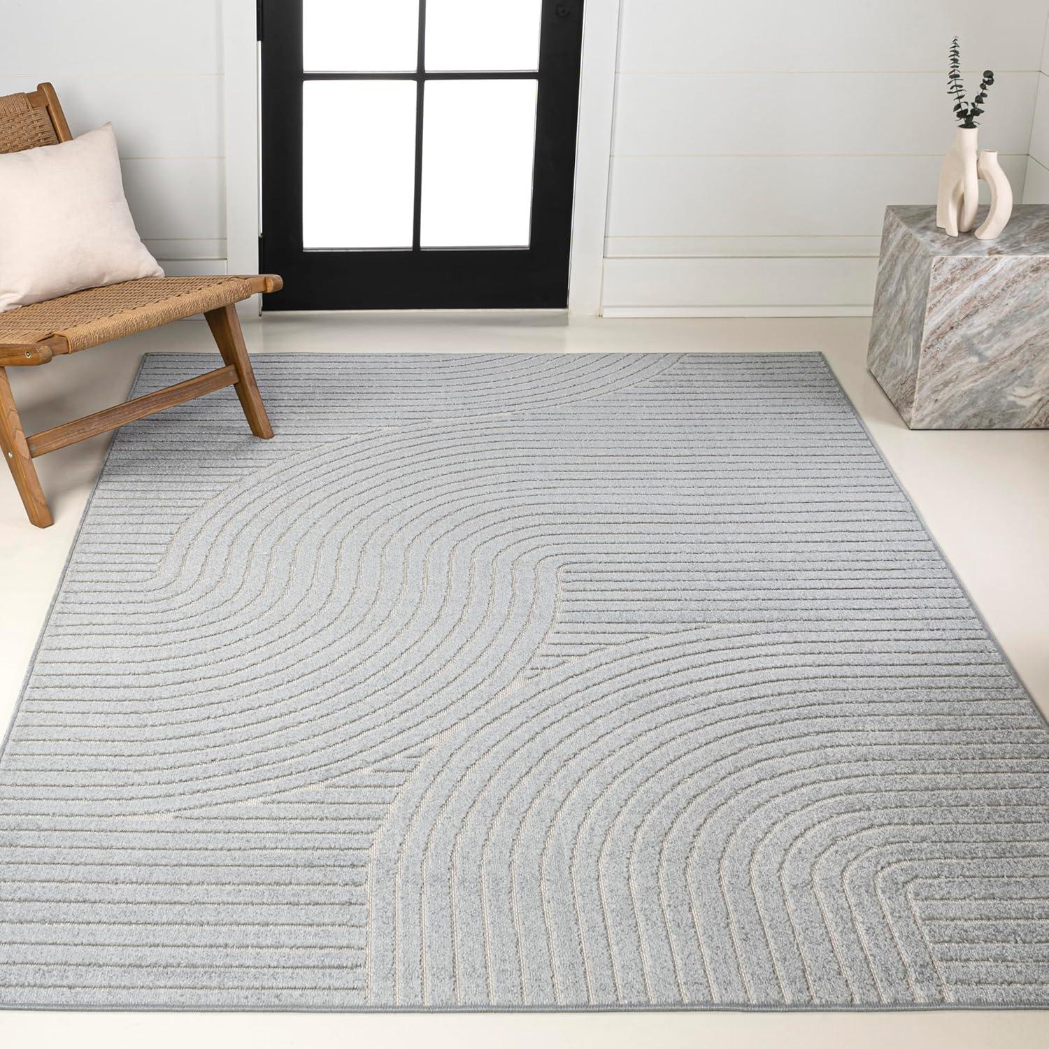 JONATHAN Y Hallie High-Low Minimalist Curve Geometric Light Blue/Cream 4 ft. x 6 ft. Indoor/Outdoor Area Rug