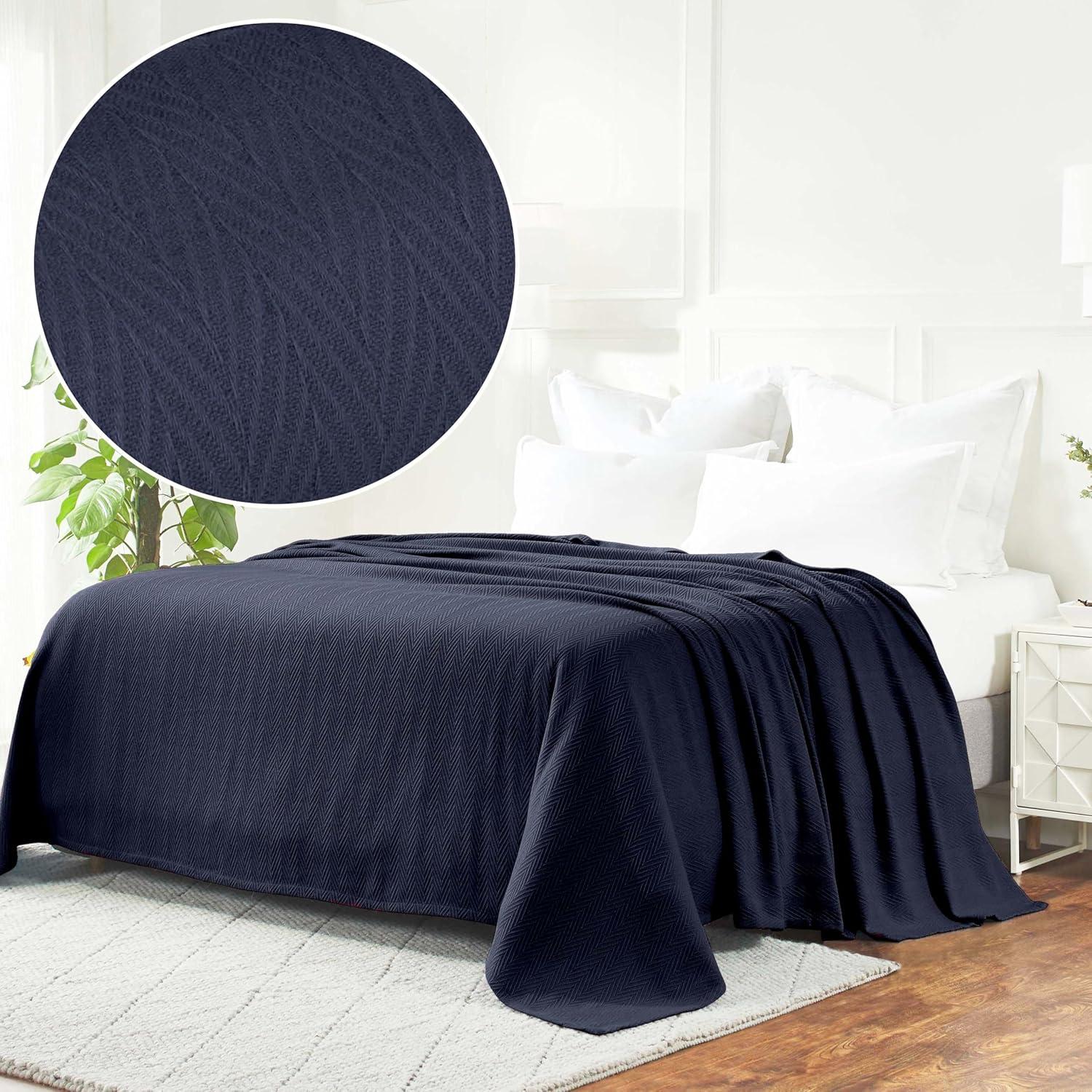 Chevron Zig-Zag Cotton Blanket, Full/Queen, Navy Blue - Blue Nile Mills