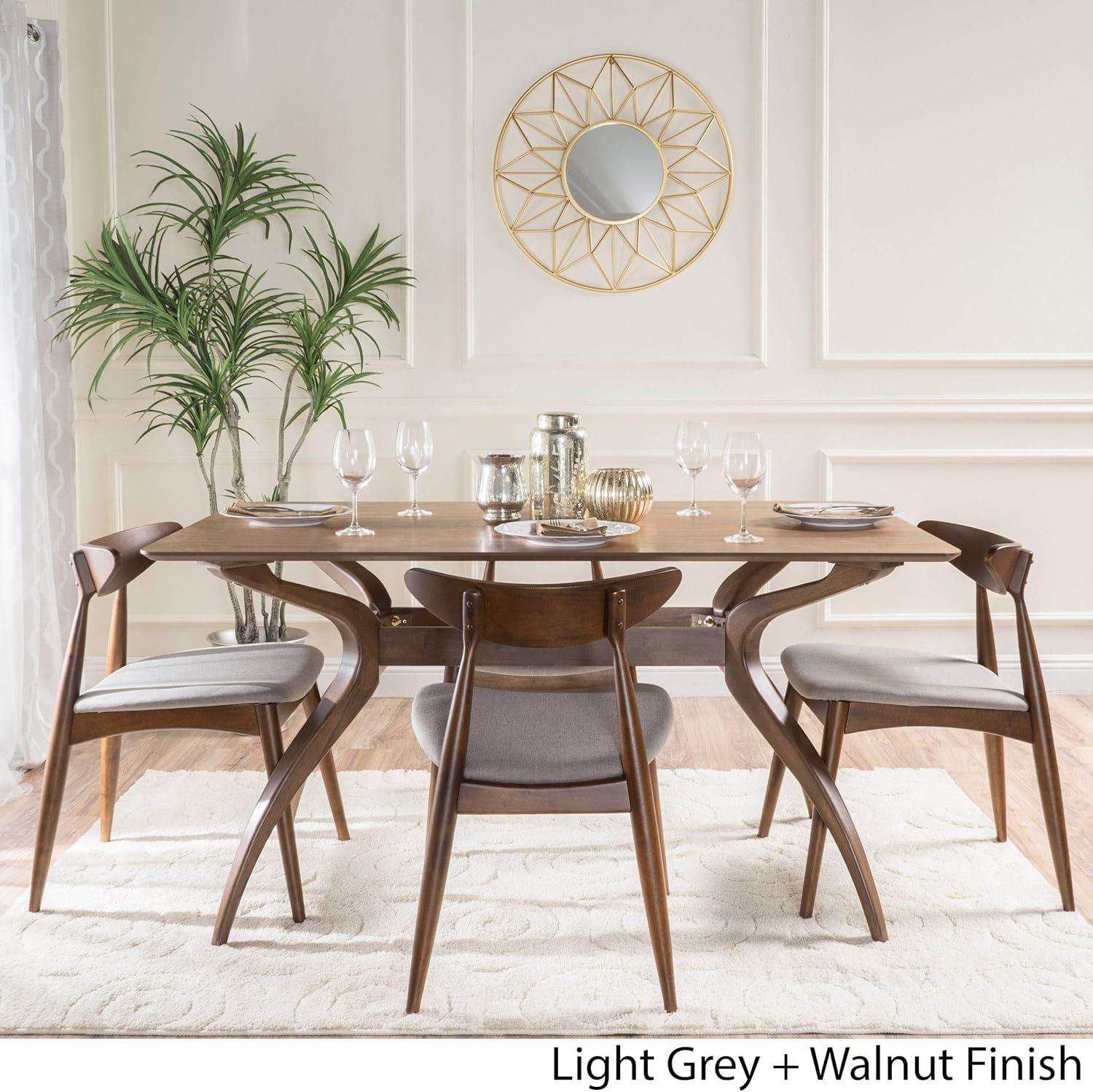 GDF Studio Wales Mid Century Modern Fabric Upholstered 5 Piece Dining Set, Light Gray and Walnut