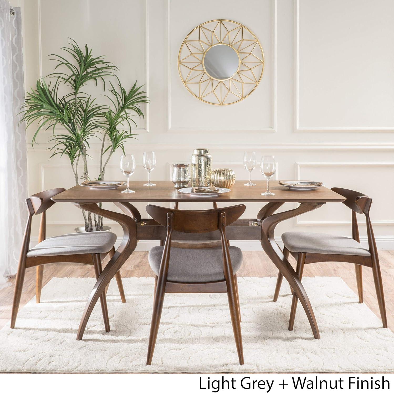 GDF Studio Wales Mid Century Modern Fabric Upholstered 5 Piece Dining Set, Light Gray and Walnut
