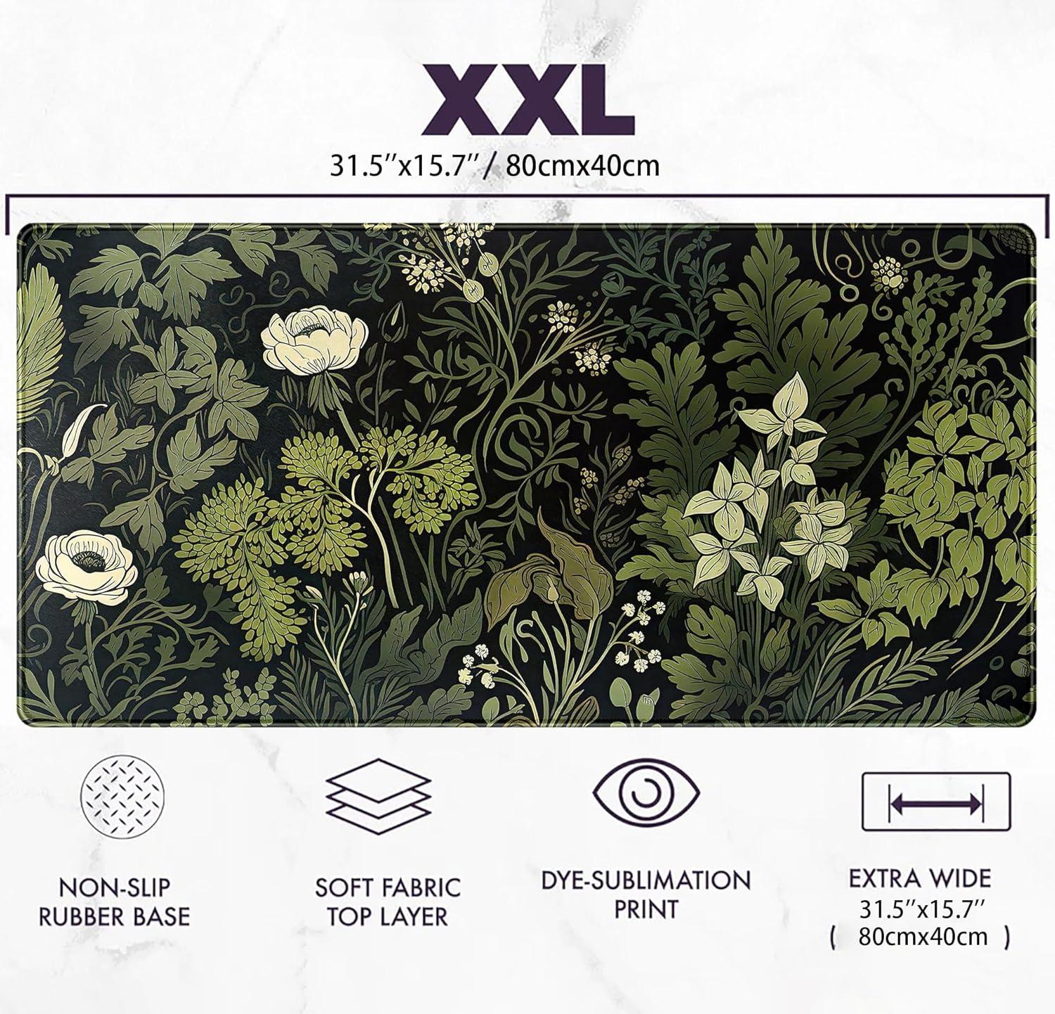 Green Leaves Beige Plants Pad, Large Extend Mouse Pad XXL, Freshness Foliage Keyboard Mat, Black Esthetics Desktop Mat Laptop Wireless Mouse Mat, Gift for Women 31.5"x15.75"