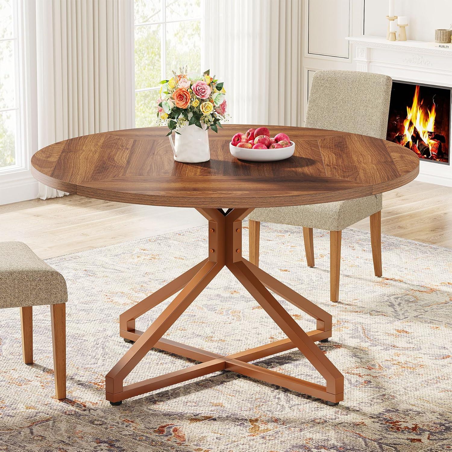 Tribesigns Round Dining Table for 4-6 People, 47-Inch Circle Kitchen Table with Metal Pedestal Base, Wood Dinner Table for Dining Room, Kitchen