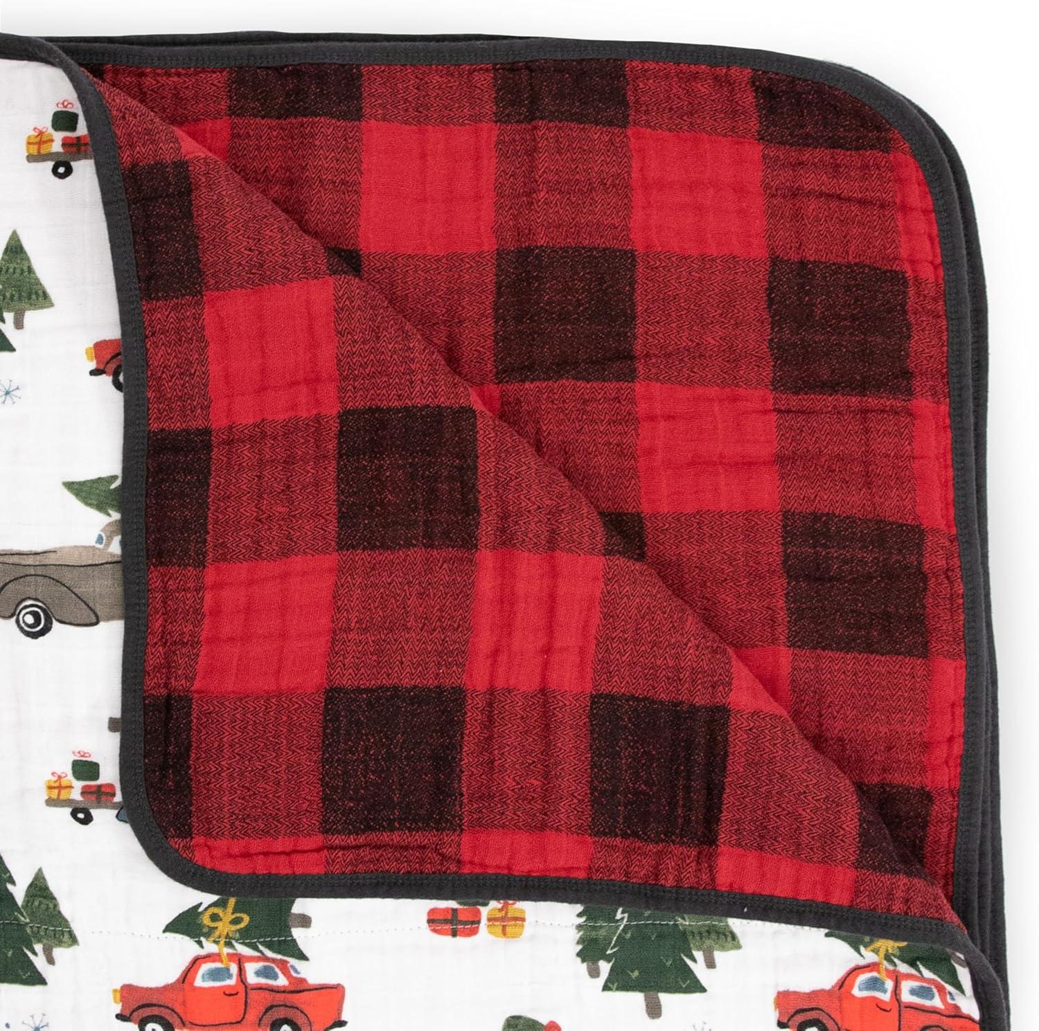 Holiday Haul Cotton Muslin Baby Quilt with Red Trucks