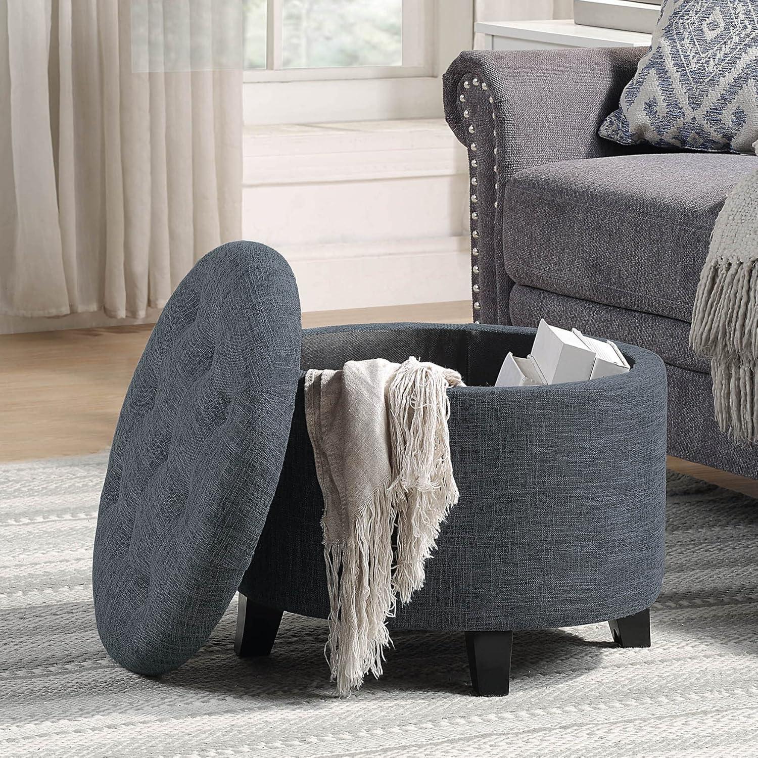 Stormy Gray Tufted Round Storage Ottoman with Dense Foam Cushion