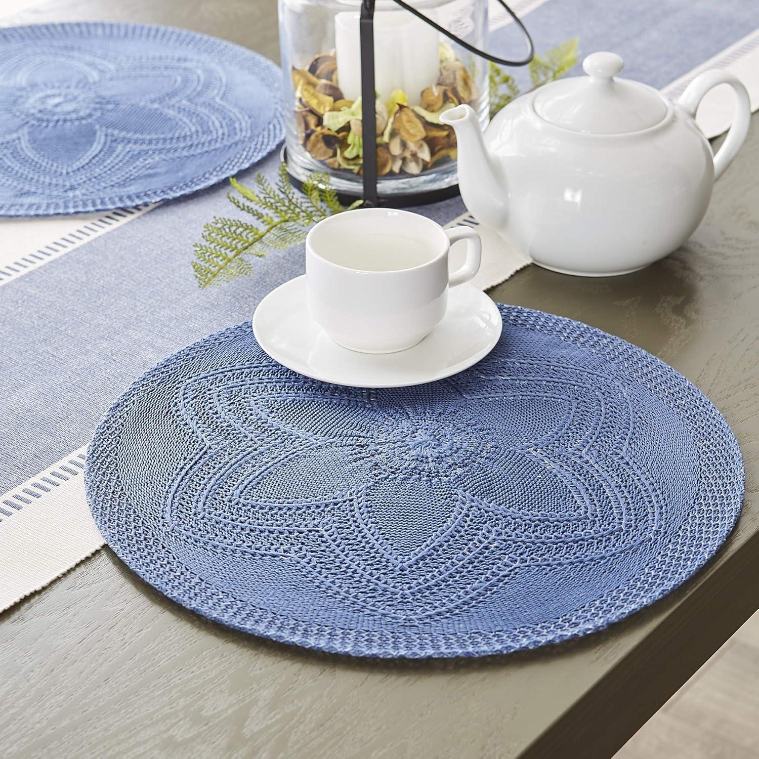 KeesonKimi French Blue Floral Woven Round Placemat Set/6