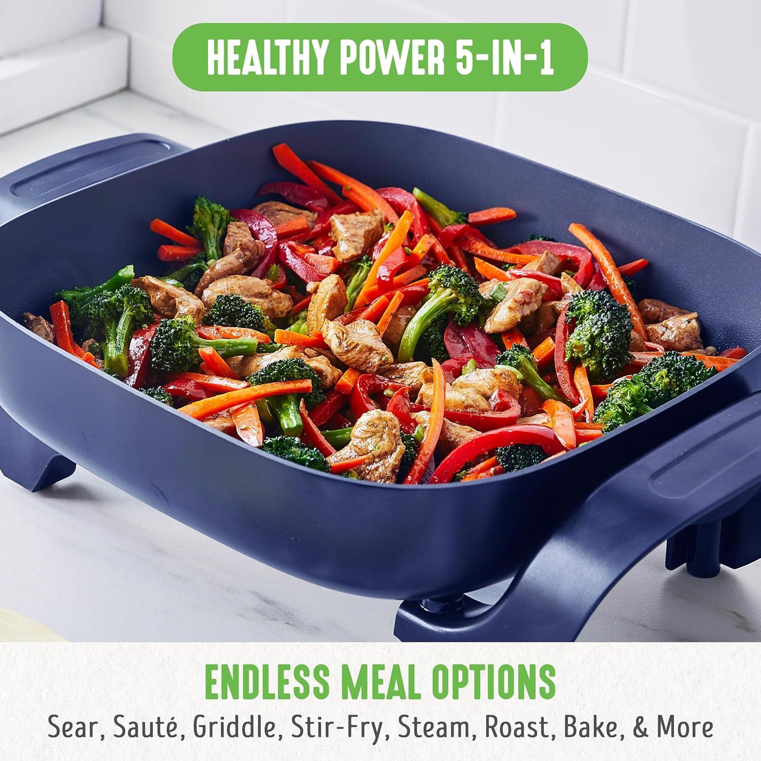 UZOPAL 12" 5QT Square Electric Skillet with Glass Vented Lid, PFAS-Free Ceramic Nonstick Interior