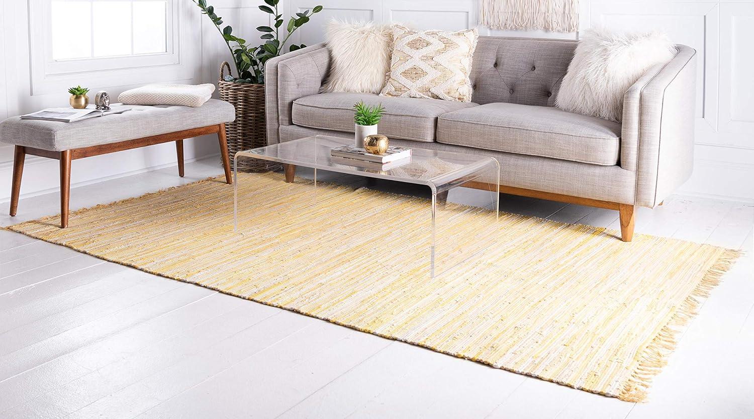 Rugs.com Chindi Cotton Collection Rug – 9' x 12' Yellow Flatweave Rug Perfect For Living Rooms, Large Dining Rooms, Open Floorplans