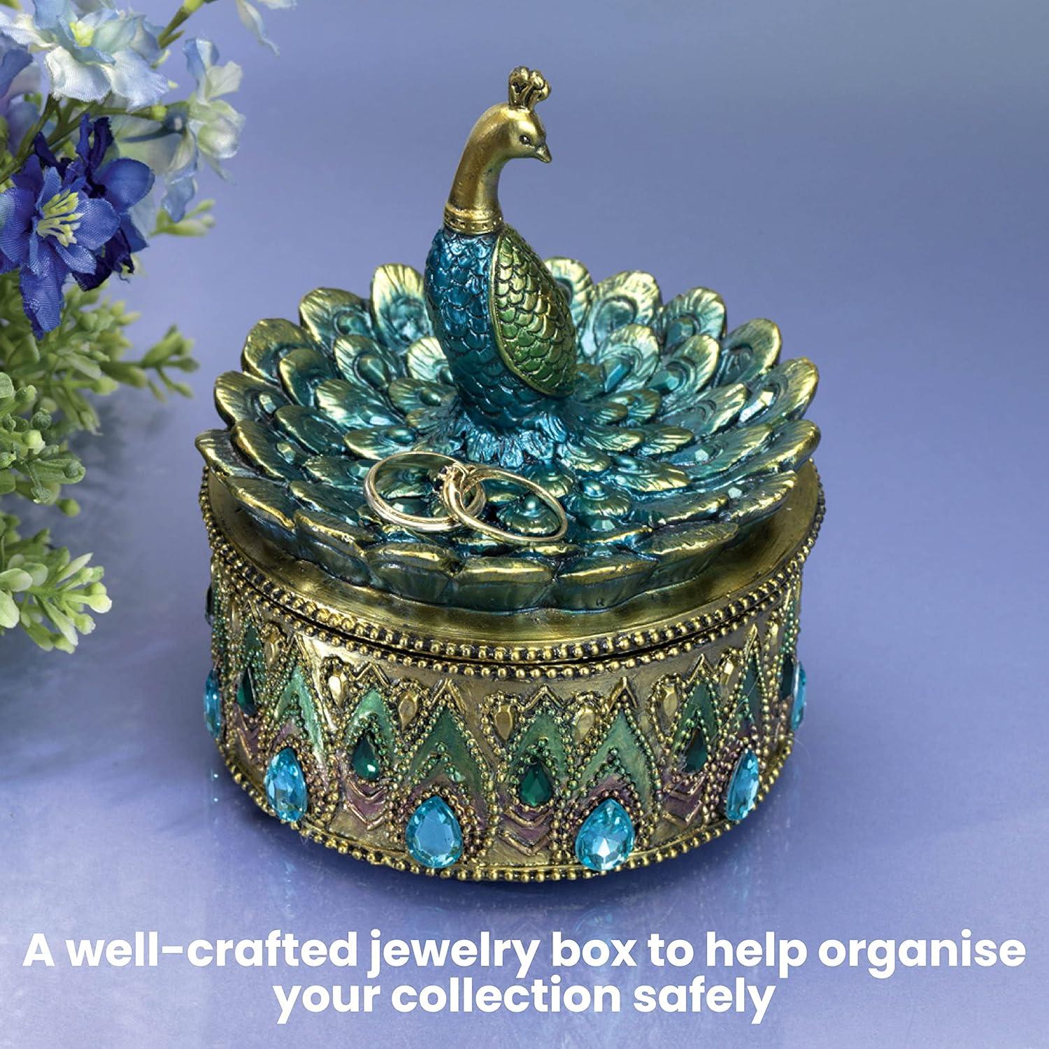 Bits and Pieces - Peacock Keepsake Box - Peacock Art - Golden Jewelry Box