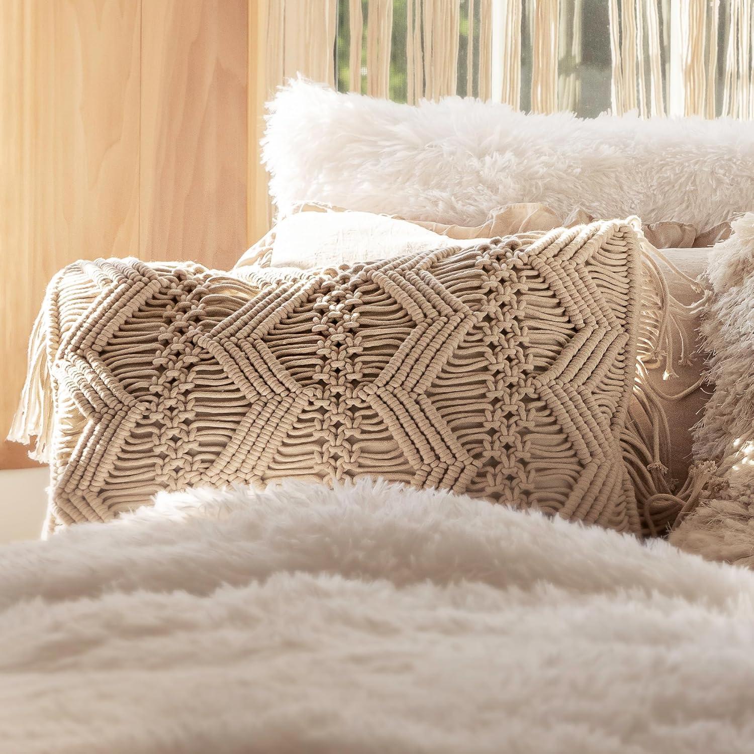 Neutral Cotton Macrame Chevron Fringe Throw Pillow