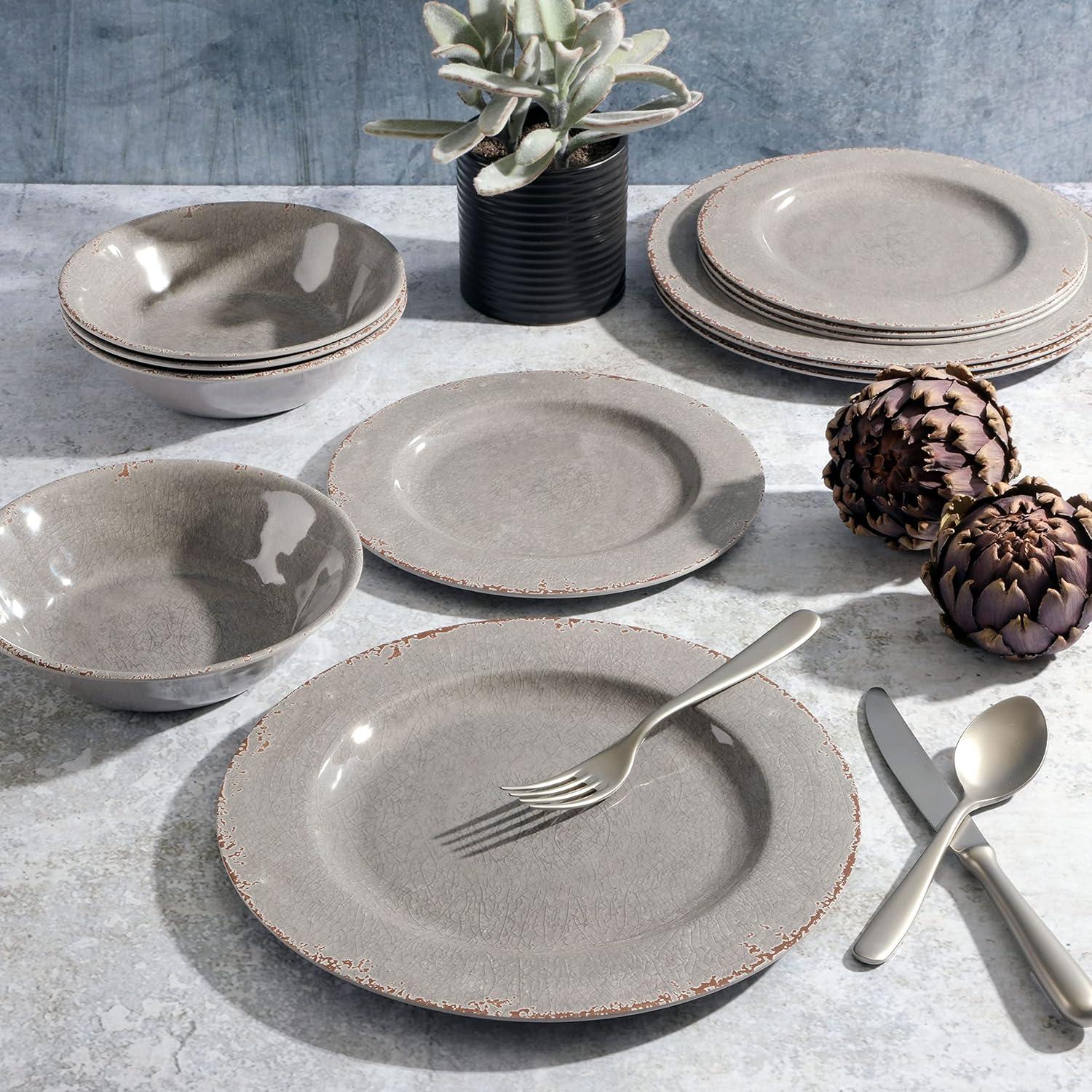 Mauna Gray Crackle Melamine 12-Piece Dinnerware Set, Service for 4