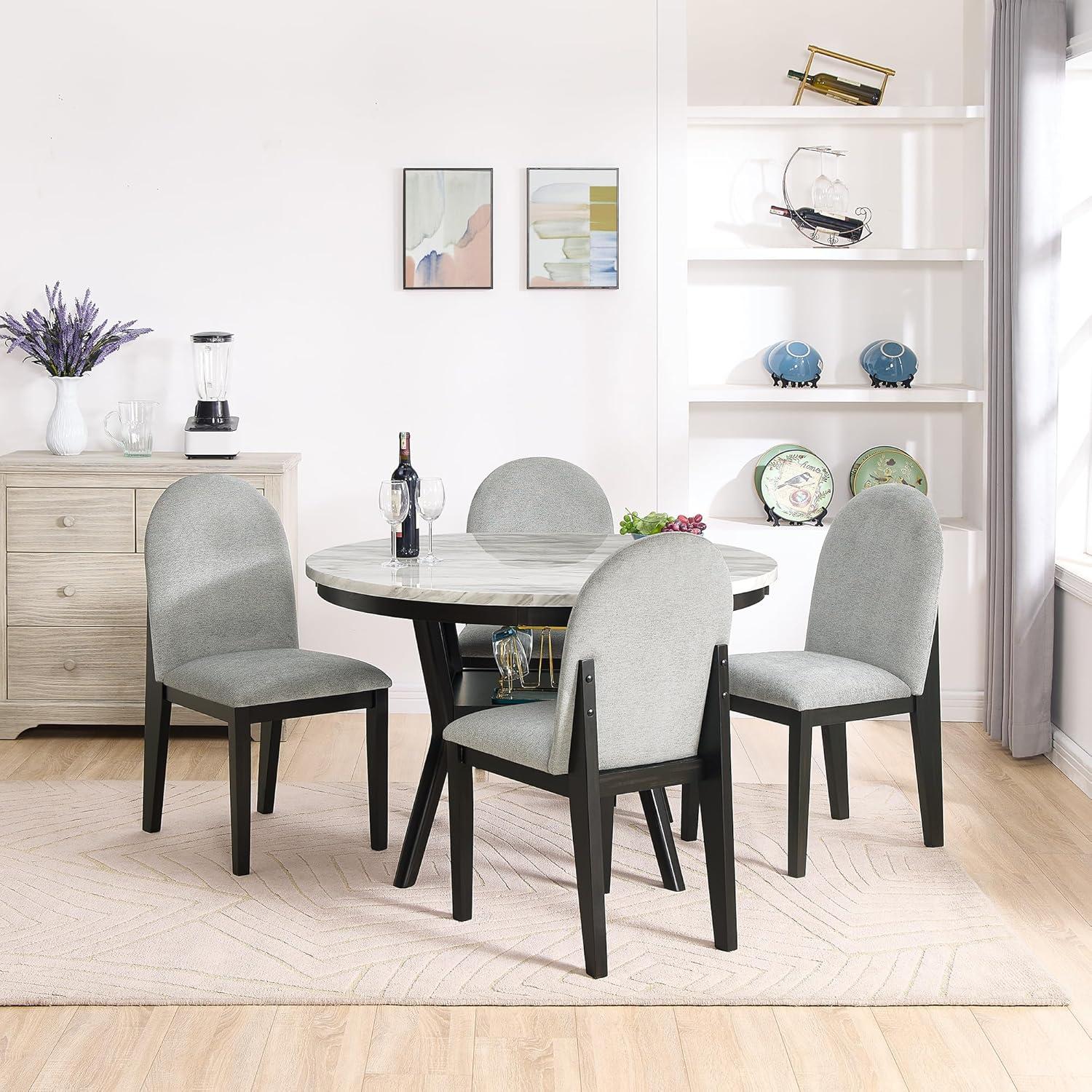 Round Black and White Dining Table Set with Upholstered Chairs