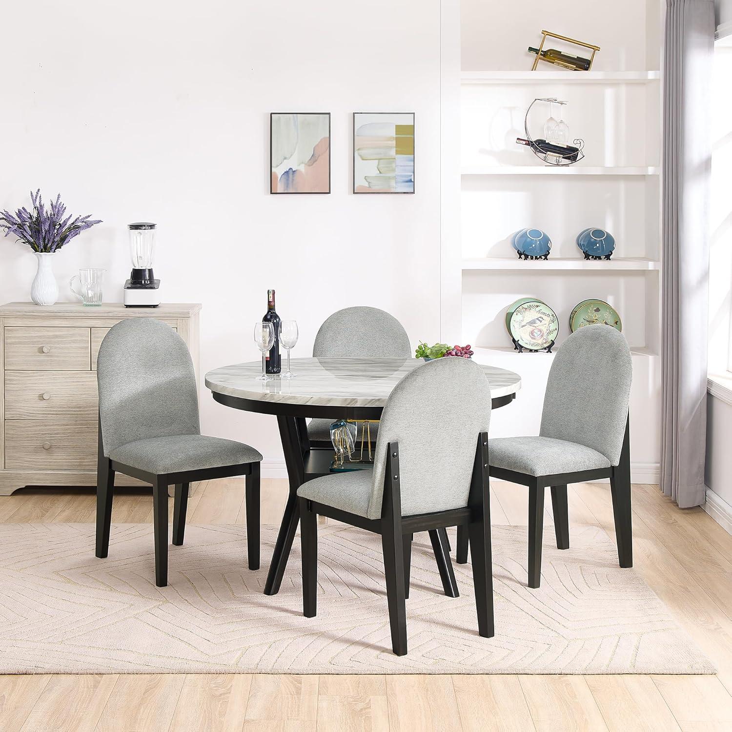 Linique 5 Piece Dining Table Set for 4, Kitchen Table and Chairs for 4, Round Dining Table with 4 Upholstered Chairs and Storage for Dining Room Small Spaces, Black + White