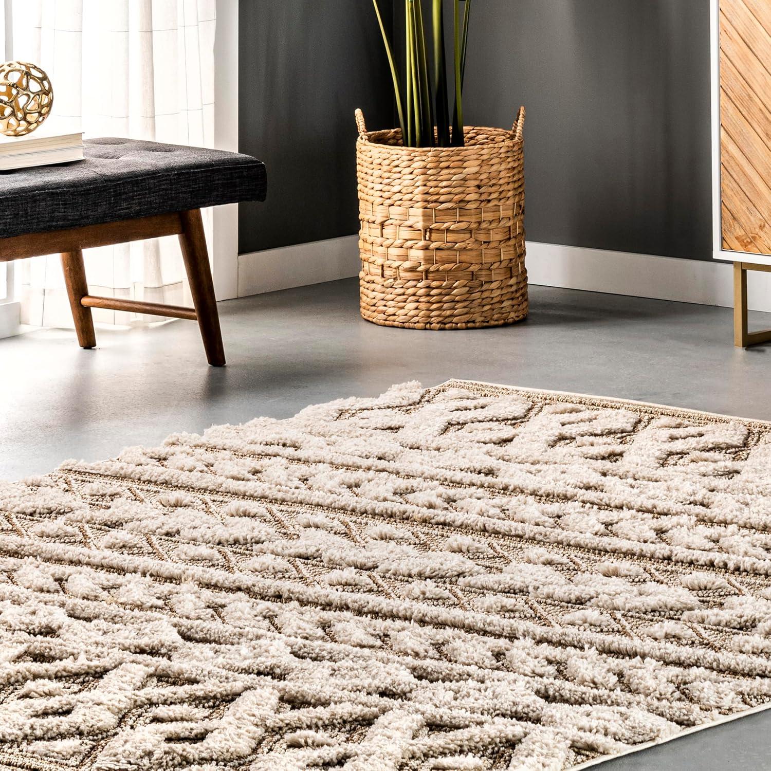 Beige 4' x 6' Rectangular Shag Synthetic Area Rug