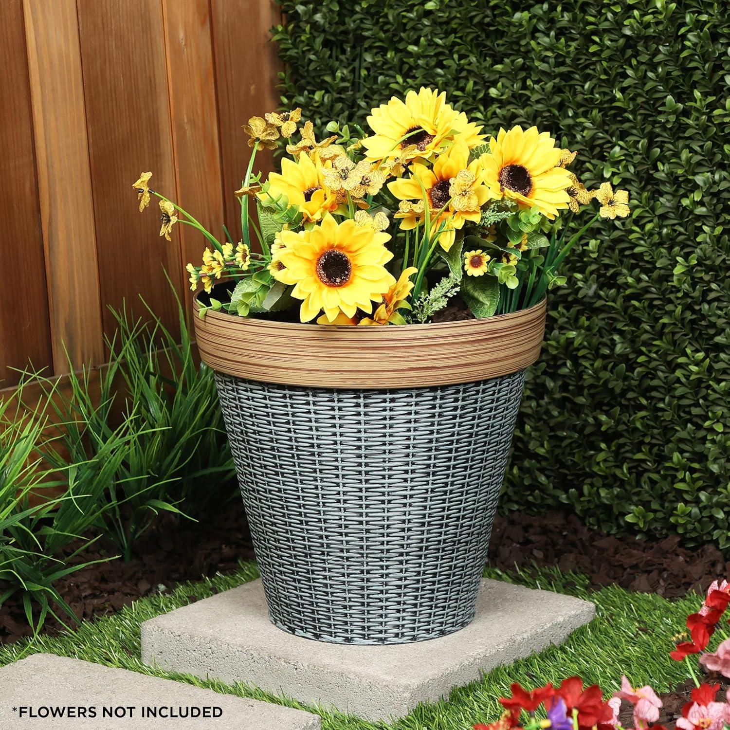 Alpine Corporation Large Woven Style Indoor Outdoor Planter with Drainage Hole Gray/Tan 12"x12"x12"