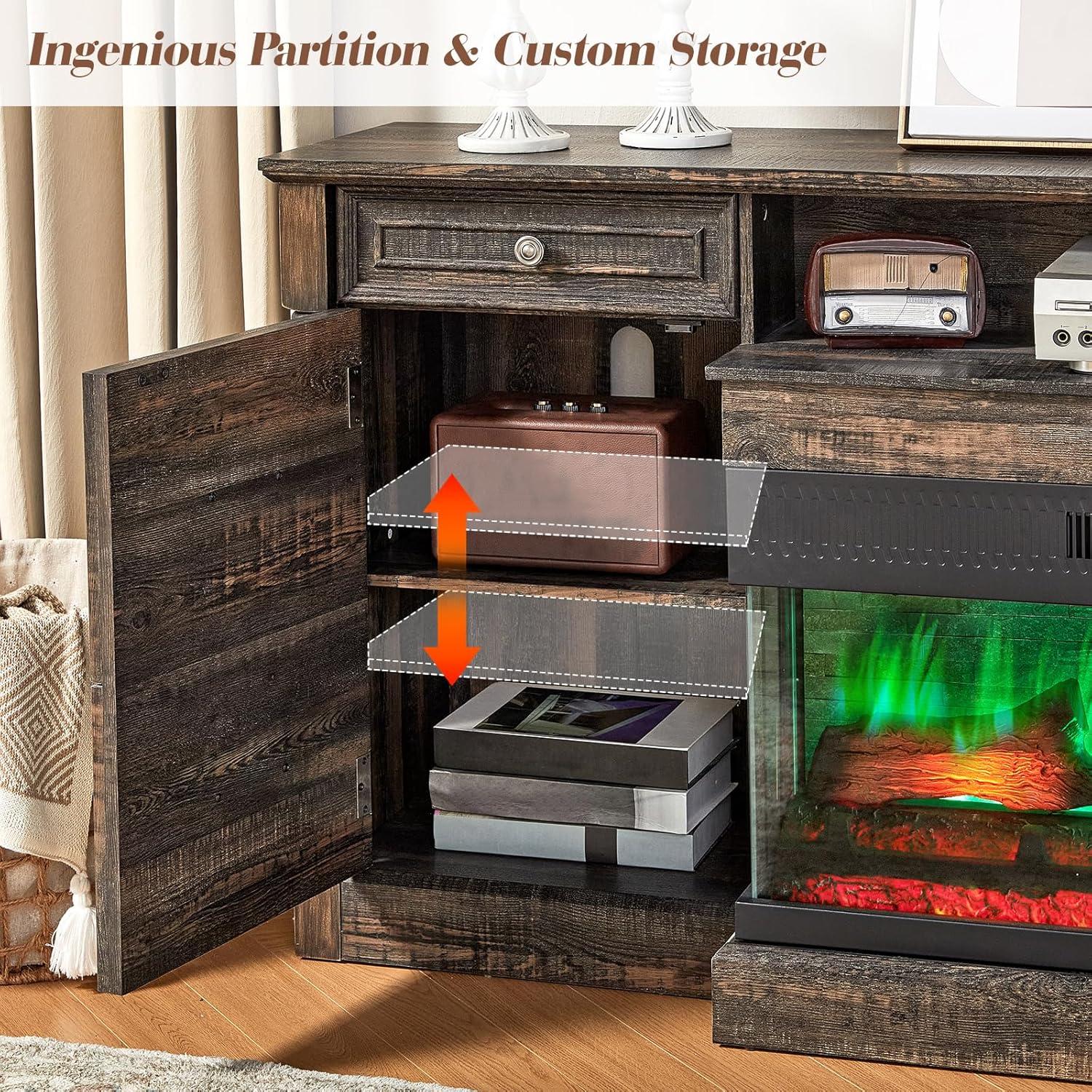 Alvilda 75" Farmhouse TV Stand with 36'' 3-Sided Glass Fireplace, 2 Drawers & Doors Closed Storage