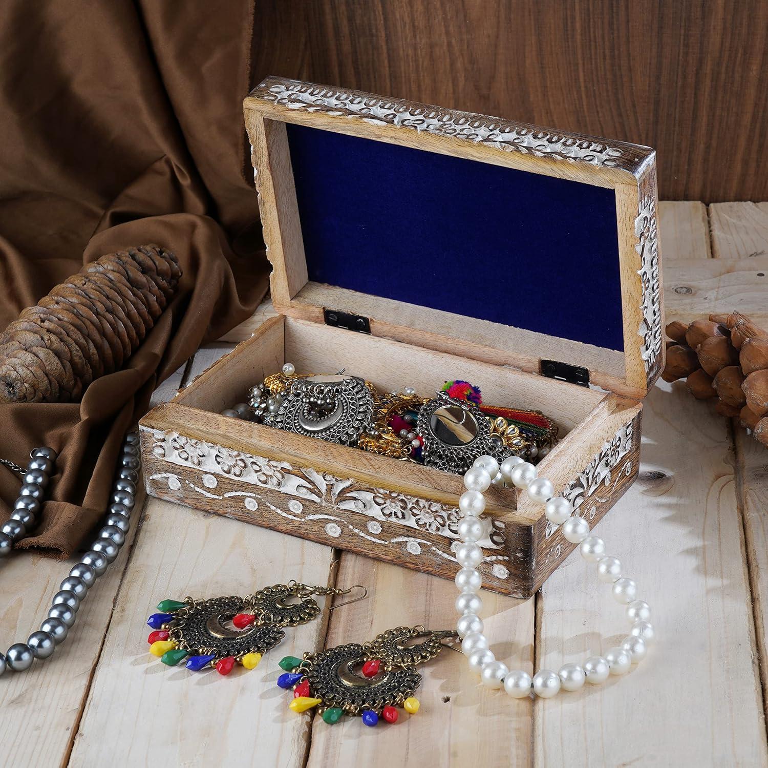 Ajuny Wooden Hand Carved Decorative Jewelry Storage Box with Moon Star Flower Carvings