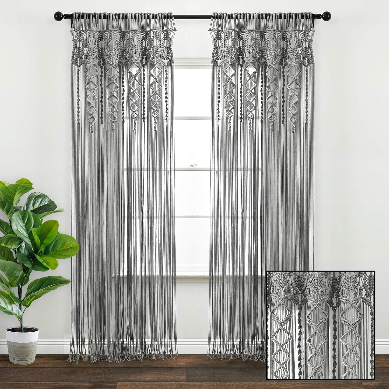 Hand-Knotted Bohemian Gray Cotton Macrame Curtain Panel - 84"x40"