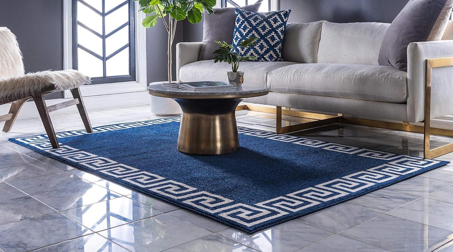 Navy Blue Geometric Border Rectangular Synthetic Rug