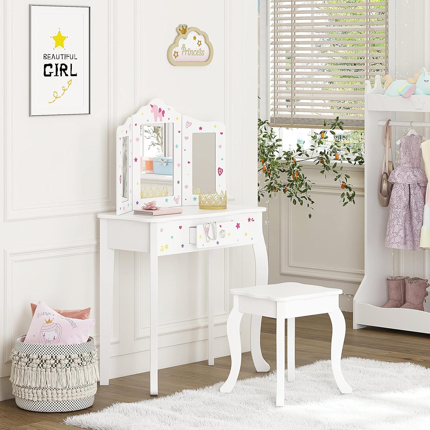 White Princess-Themed Kids Vanity Table and Chair Set with Mirror