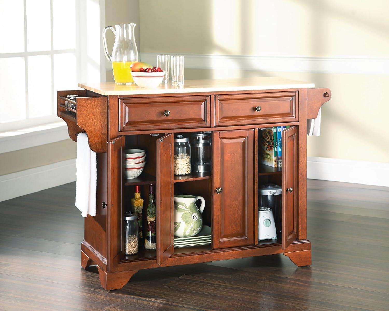 Crosley Lafayette Wood Top Full Size Kitchen Island/Cart Cherry/Natural: With Adjustable Shelves, Towel Bar, 5 Drawers