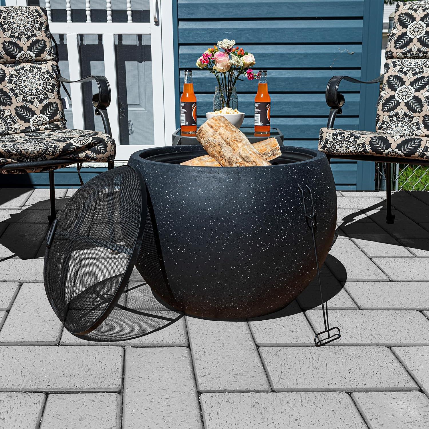 Pure Garden 24" Magnesium Oxide Round Outdoor Fire Pit Set Black: Includes Poker, Cover, 4200 BTU Output