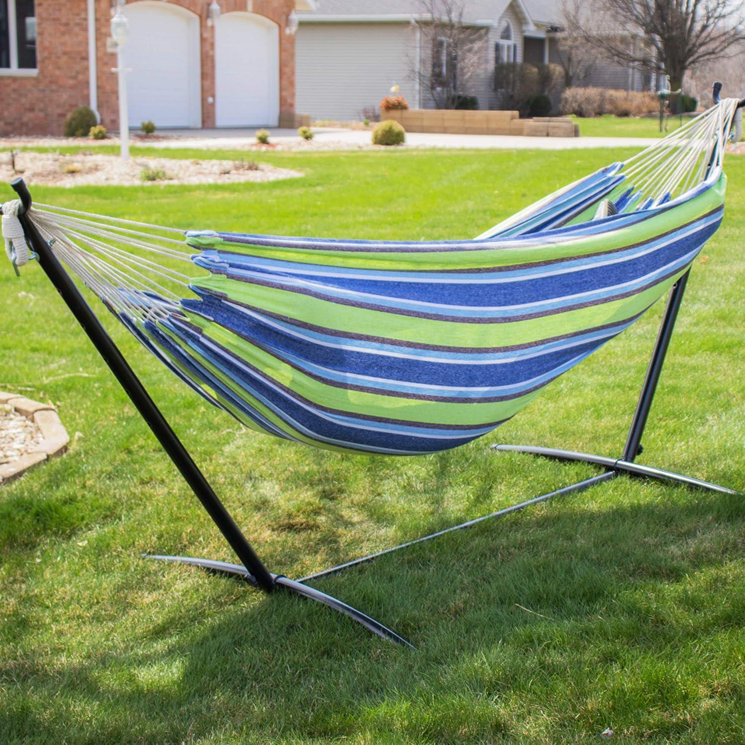 9 ft Blue and Green Cotton Double Hammock with Stand