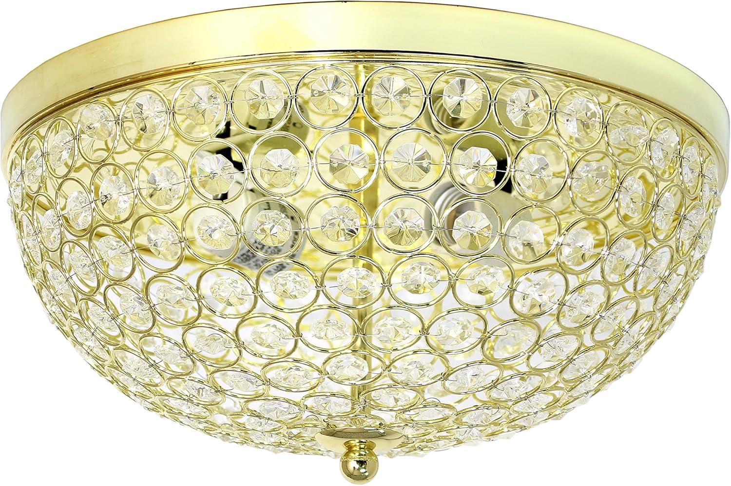 Elegant Designs Elipse Crystal 13" Metal 2 Light Bowl Shaped Ceiling Flush Mount Fixture, Gold