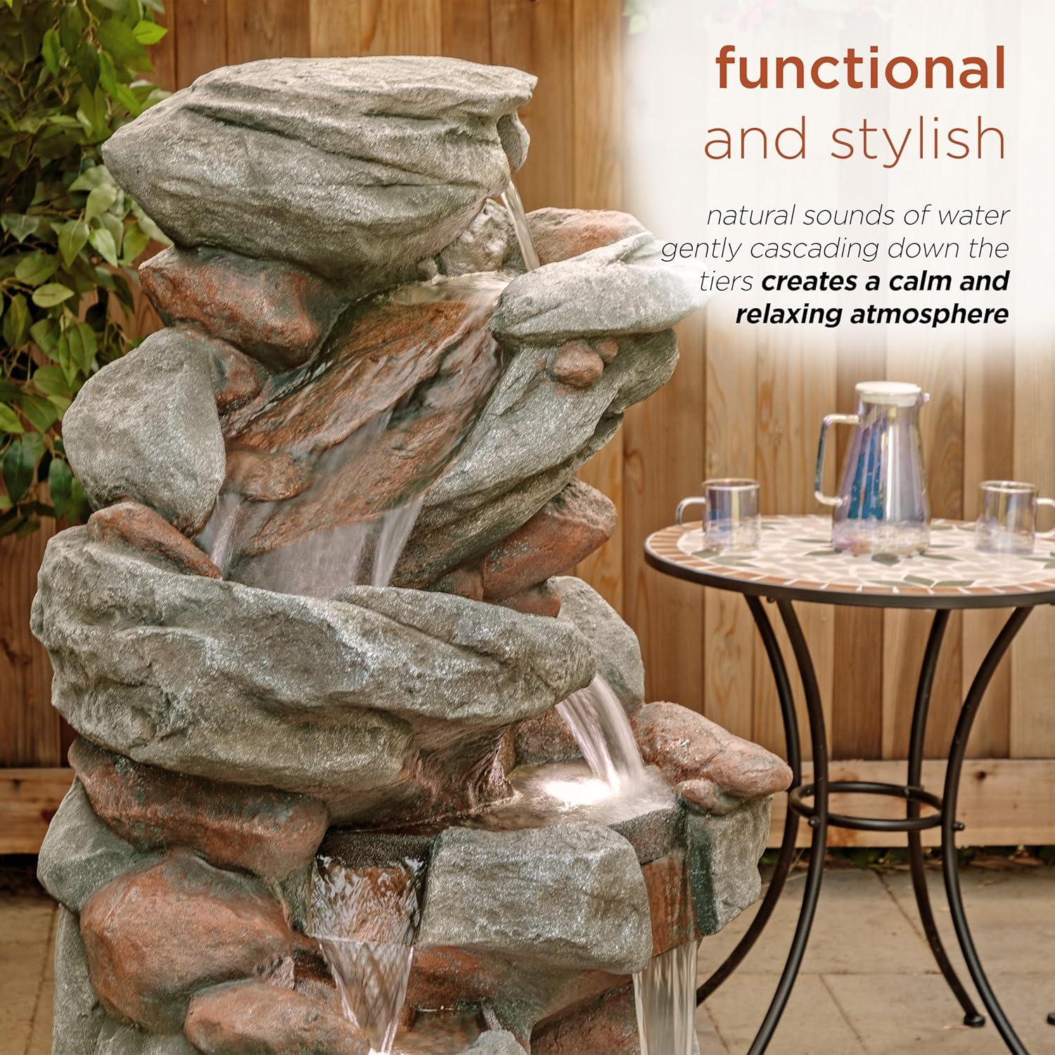 Gray Cascading Stone Outdoor Fountain with LED Lights, 53"