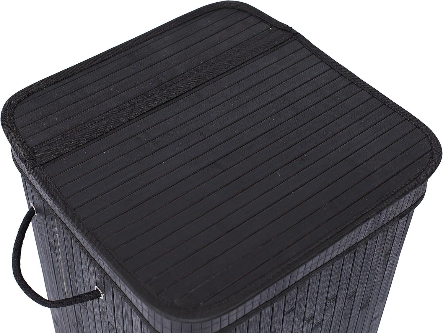 Square Laundry Hamper, Laundry Basket, Bamboo Collapsible Hamper with Lid, String and Cloth Liner for Bedroom, Living Room, Bathroom, Toilet, Hotel, Black