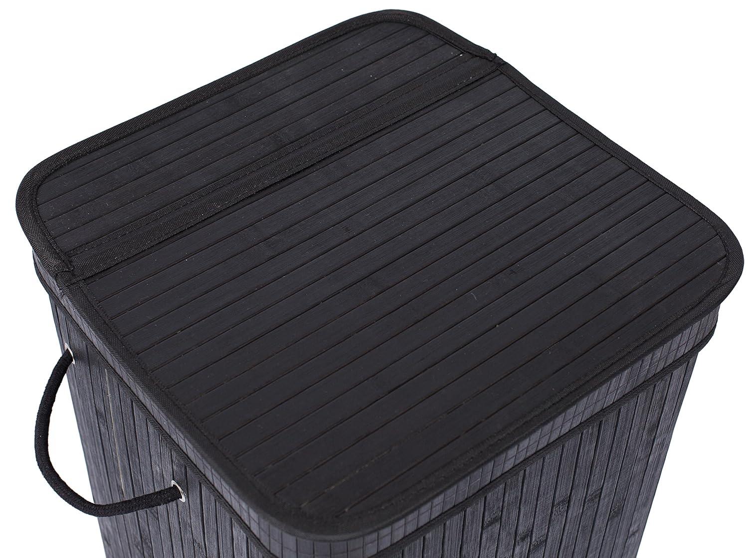 Square Laundry Hamper, Laundry Basket, Bamboo Collapsible Hamper with Lid, String and Cloth Liner for Bedroom, Living Room, Bathroom, Toilet, Hotel, Black