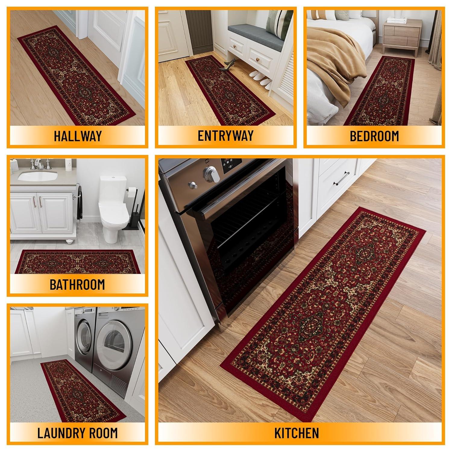 Ottohome Non-Slip Medallion Oriental Area Rug For Living Room, Hallway, Entryway Rug, Dark Red