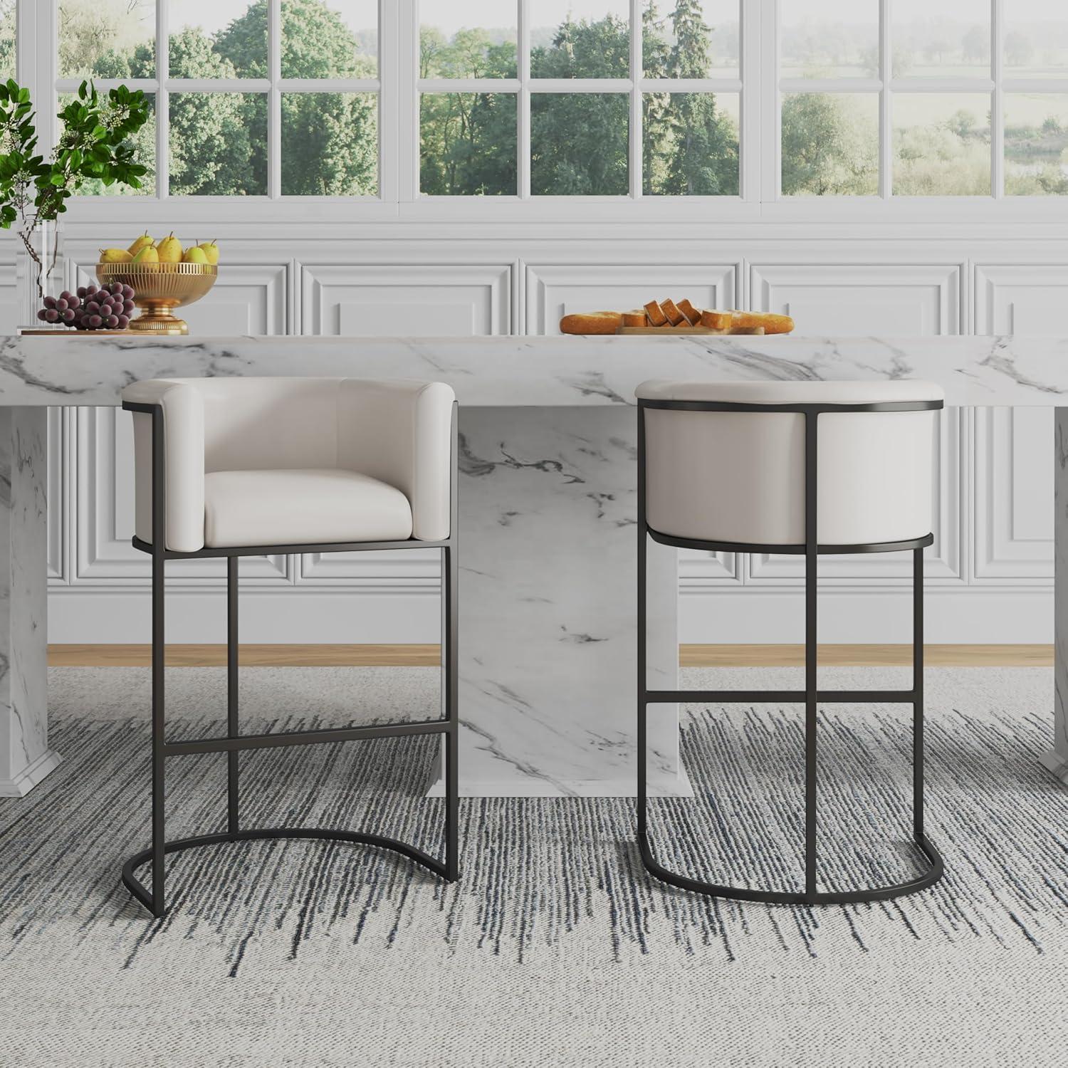 Cosmopolitan Upholstered Metal Barstool Cream - Manhattan Comfort: Midcentury Design, Faux Leather, No Assembly Required