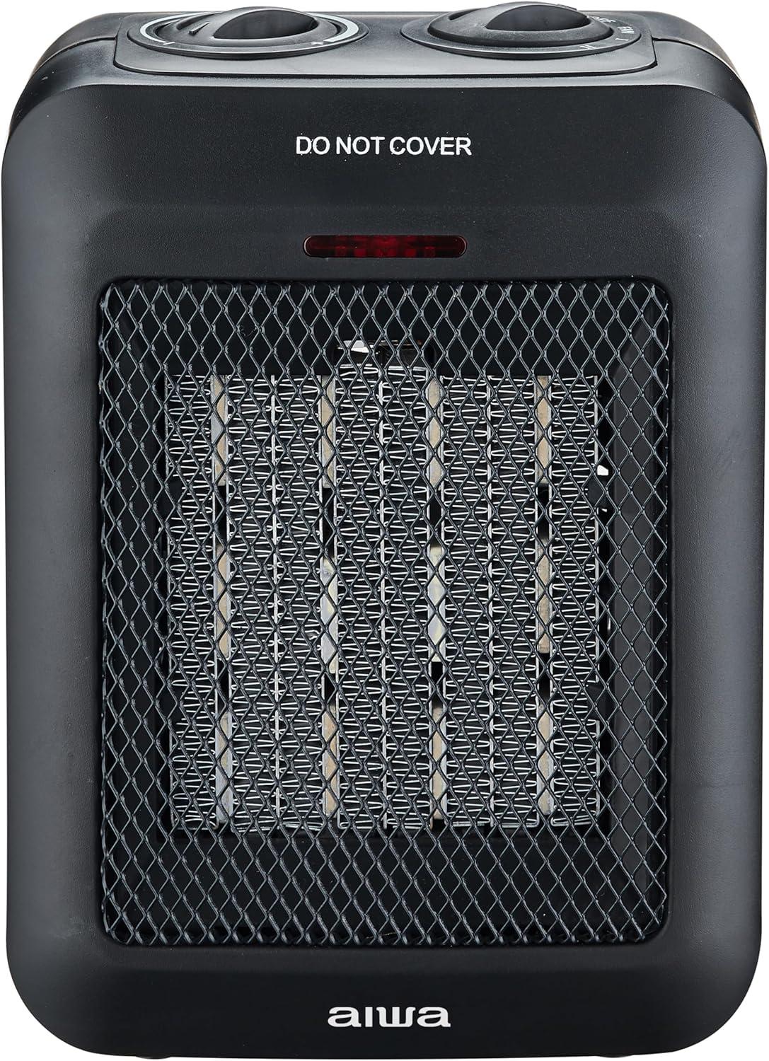 Aiwa 1500W Small Ceramic Room Heater, Overheat Protection, Tip over Auto Shutoff - Black