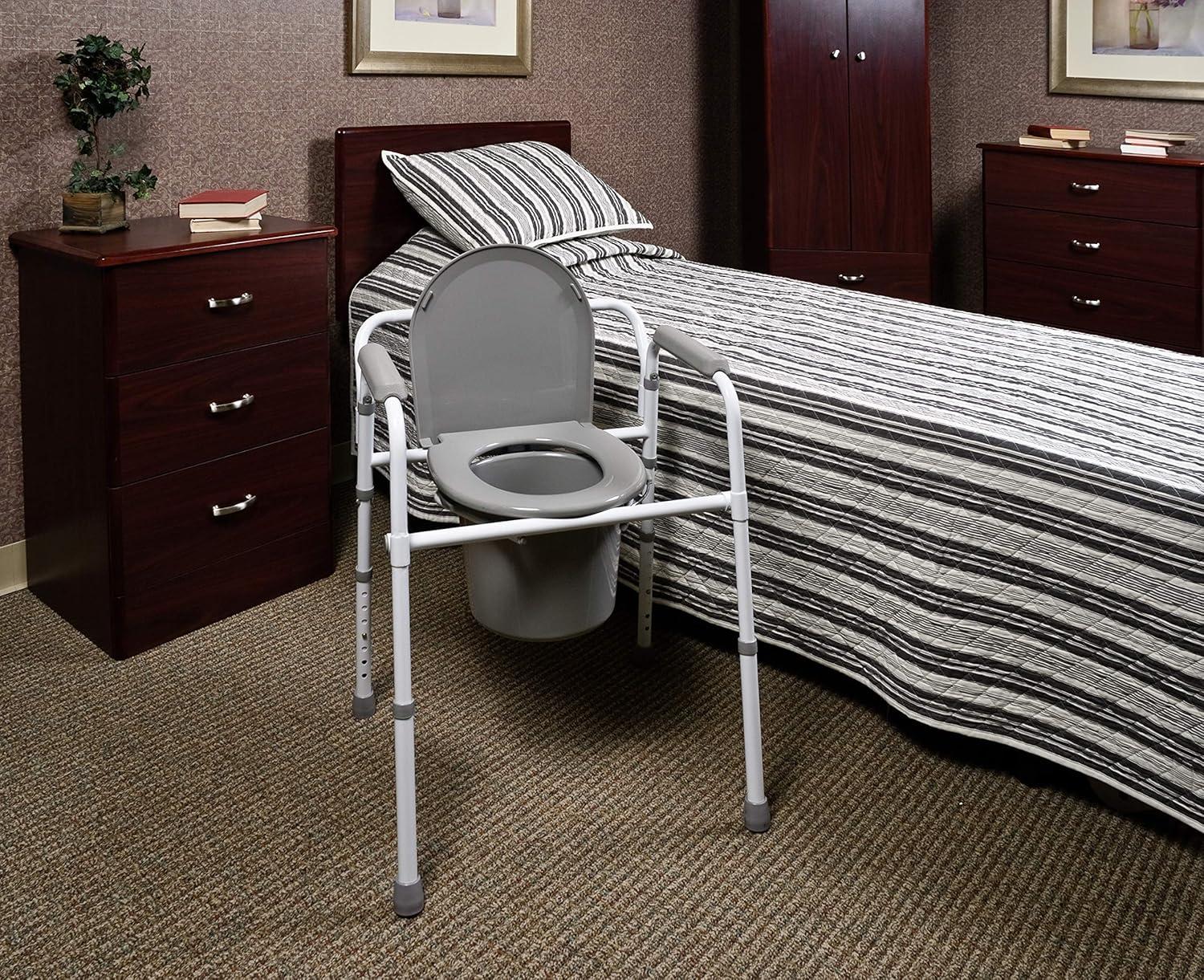 Gray Steel Folding 3-in-1 Bedside Commode Chair