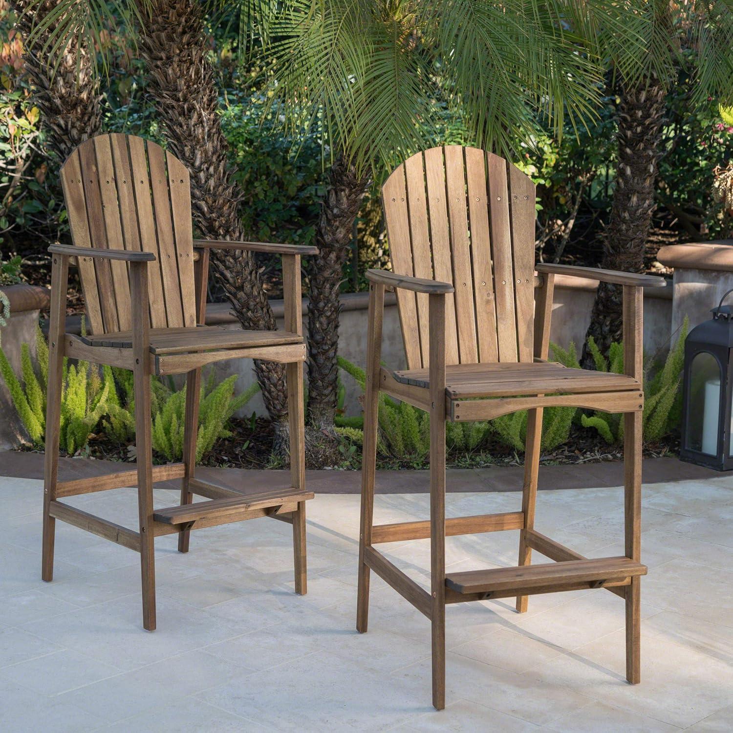 Natural Acacia Wood Outdoor Adirondack Barstools with Arms, Set of 2