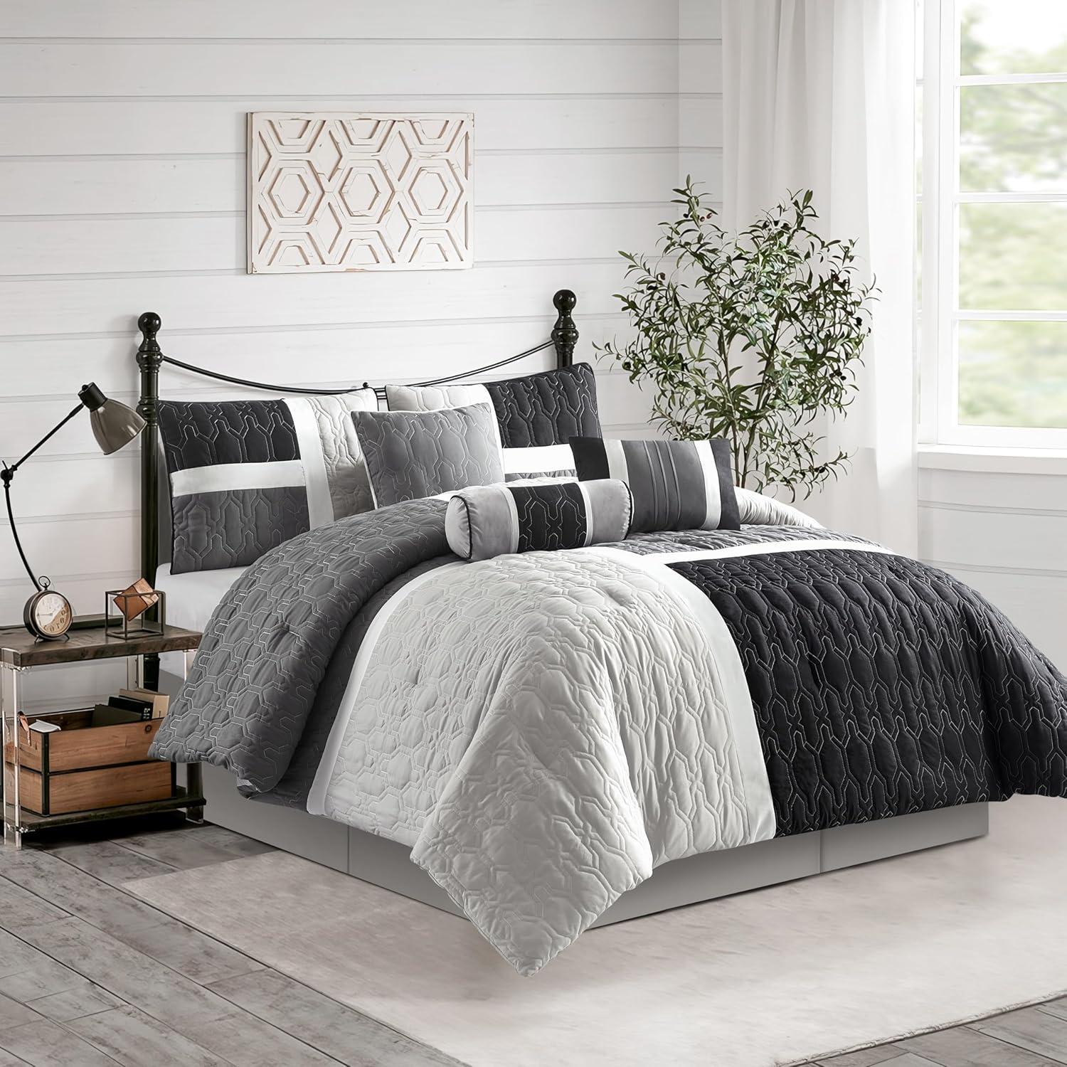 Gray and Black Geometric Microfiber King Comforter Set, 7 Pieces