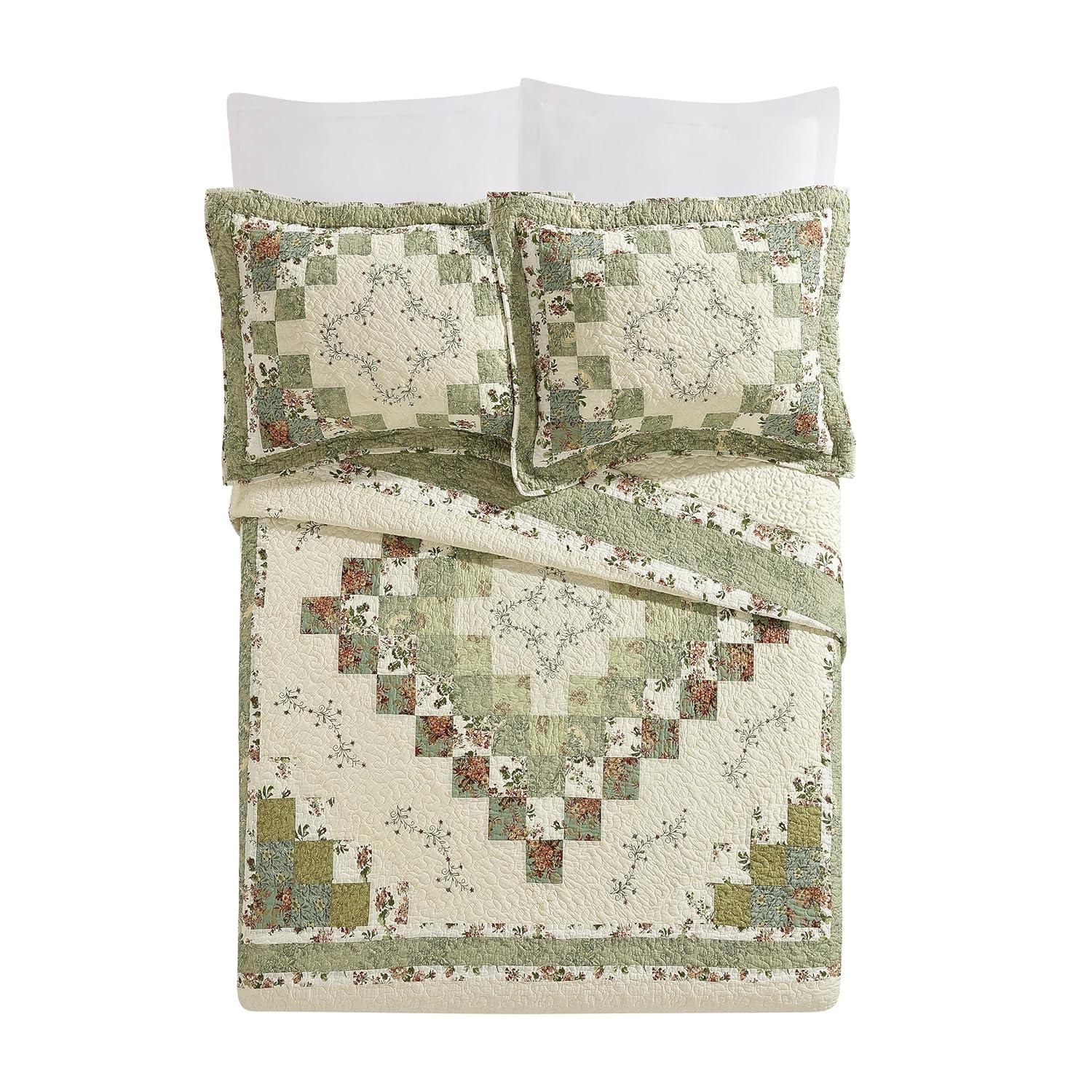 Modern Heirloom Olivia Floral Embroidered Patchwork 3-Piece Quilt Set