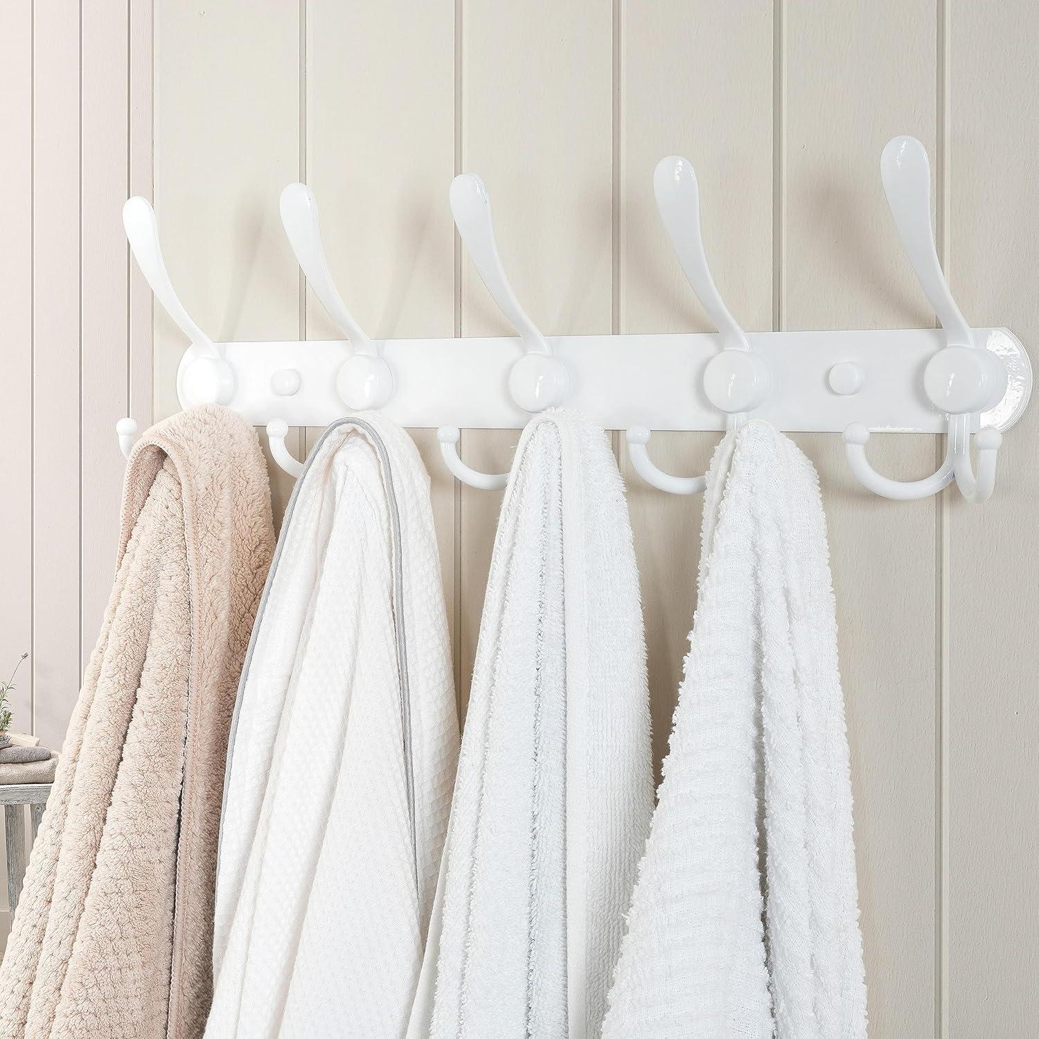 Dseap Coat Rack Wall Mount - 38” Long 10-Tri-Hooks Heavy Duty Coat Hanger Rail Wall Hooks for Hanging Coats Hats Clothing Clothes Purse Mudroom Entryway, White