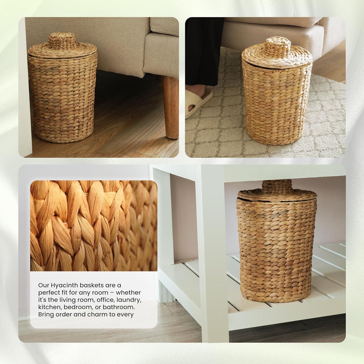 Large Round Water Hyacinth Wicker Waste Basket with Lid