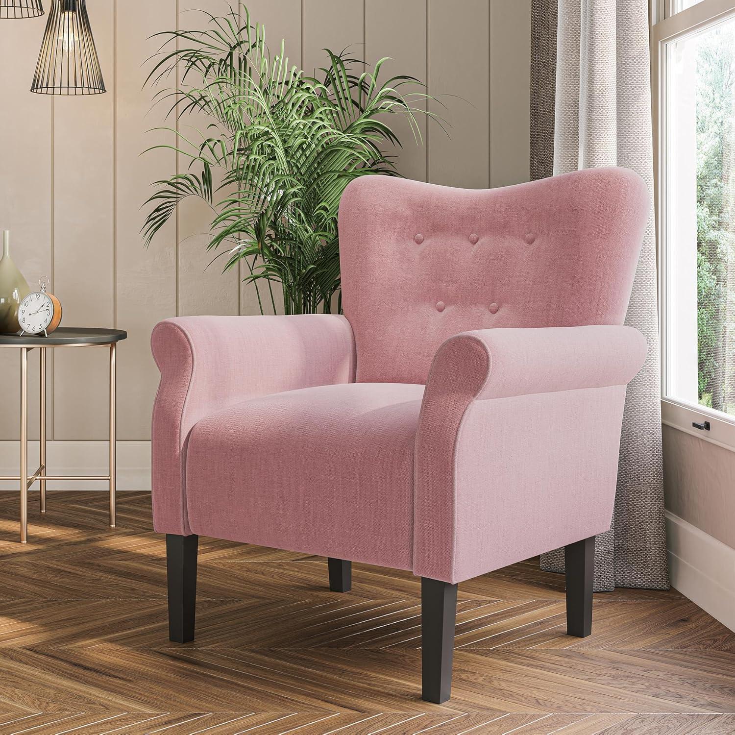 Allston High Backrest Pink Floral Accent Chair with Wooden Legs