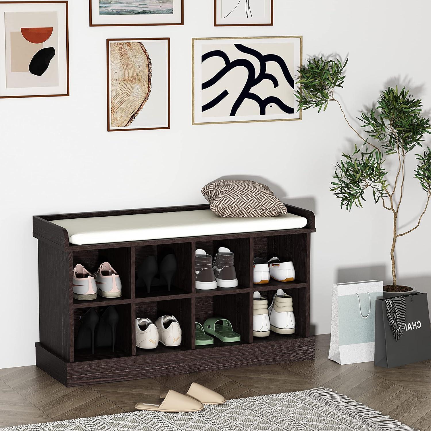 Brown MDF Shoe Storage Bench with Cushion and 8 Compartments