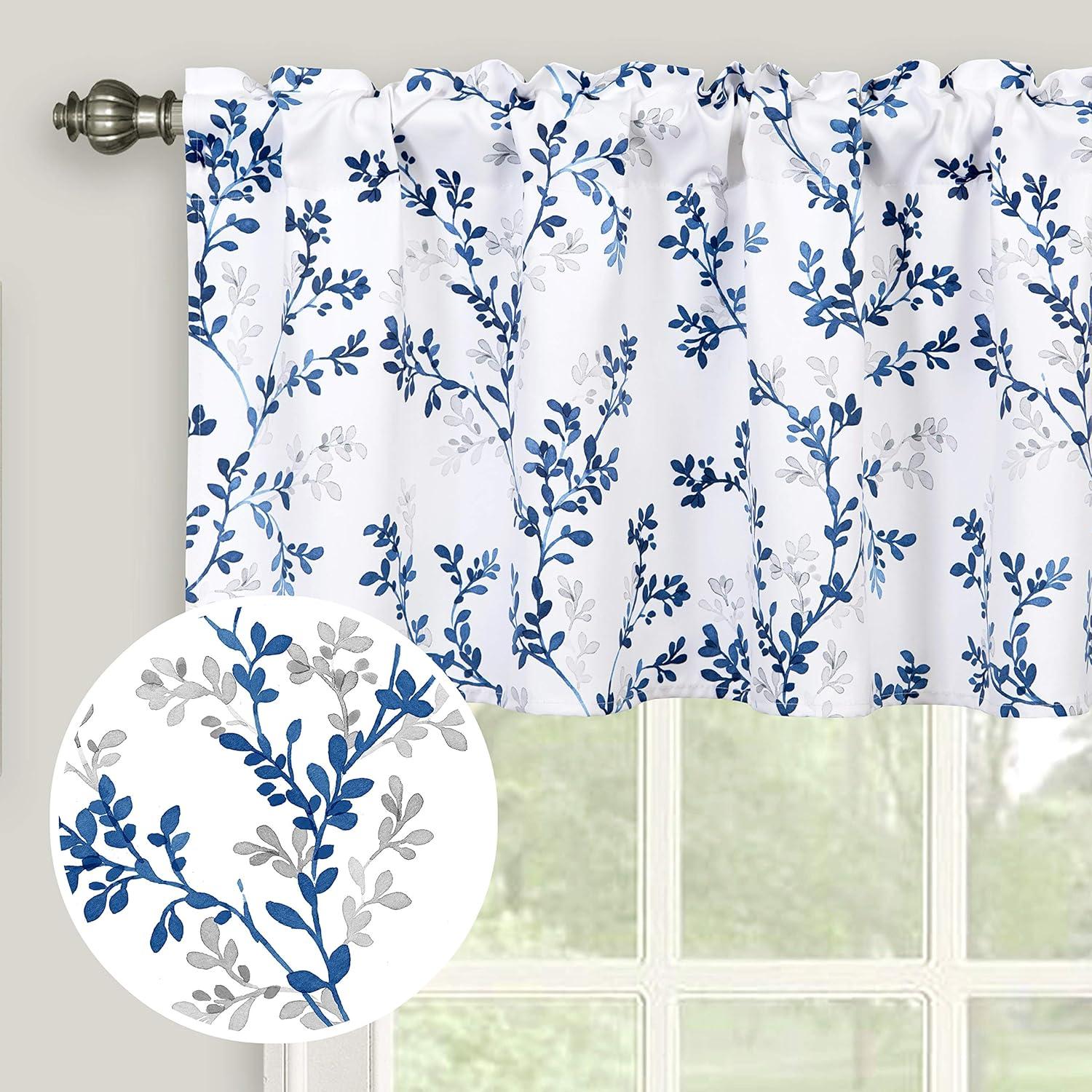 Watercolor Botanical Flowers Leaves Printed Valances for Windows, Rod Pocket Window Treatments Valances for Kitchen Cafe Living Bathroom 52 Inch by 18 Inch, Navy