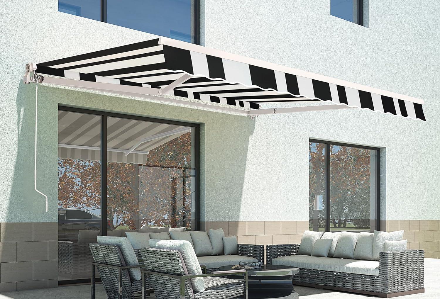 Large White and Black Striped Polyester Retractable Outdoor Canopy