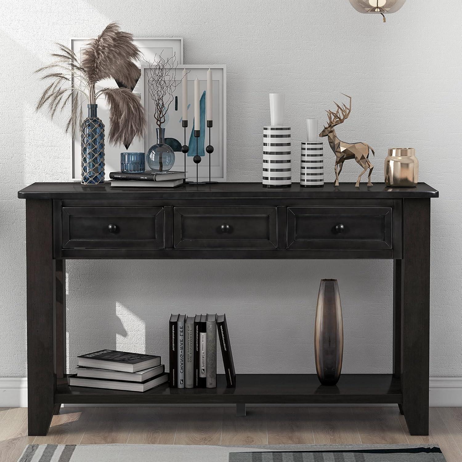 Black Pine Wood Console Table with Drawers and Shelf, 55 Inch