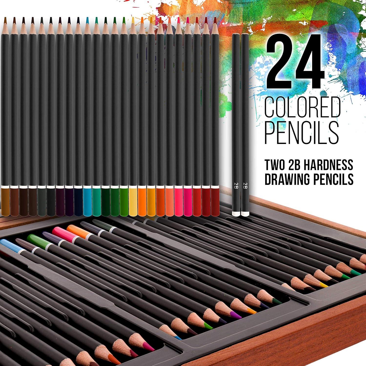 U.S. Art Supply 143-Piece Mega Wood Box Art Painting, Sketching and Drawing Set in Storage Case - 24 Watercolor Paint Colors, 24 Oil Pastels, 24 Colored Pencils, 60 Crayons, 2 Brushes, Artist Kit