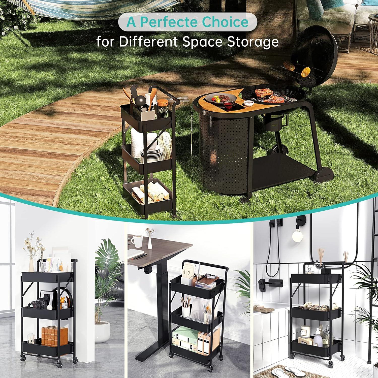 3-Tier Metal Mobile Cart, Foldable, Locking Wheels for Utility, Craft, Storage, Organization, Black